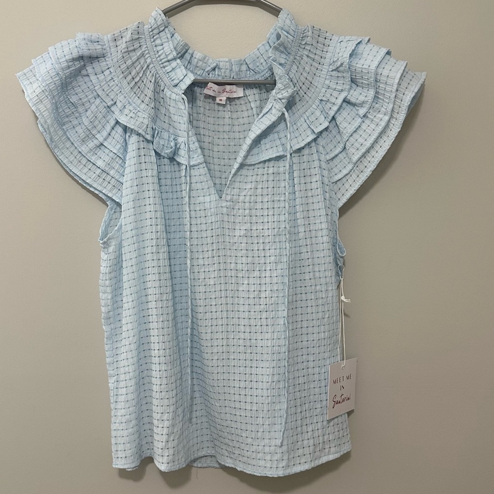 Meet Me in Santorini Blue Ruffle Top NWT